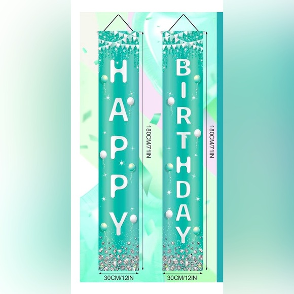 WILLBOND Teal/Sliver Happy Birthday 2pc hanging Door Banner Decor size71x12 NWOT - Picture 3 of 5